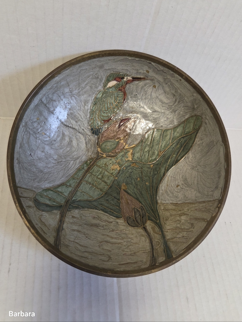 Vintage Brass Handpainted Enamel Kingfisher on Lotus Bowl